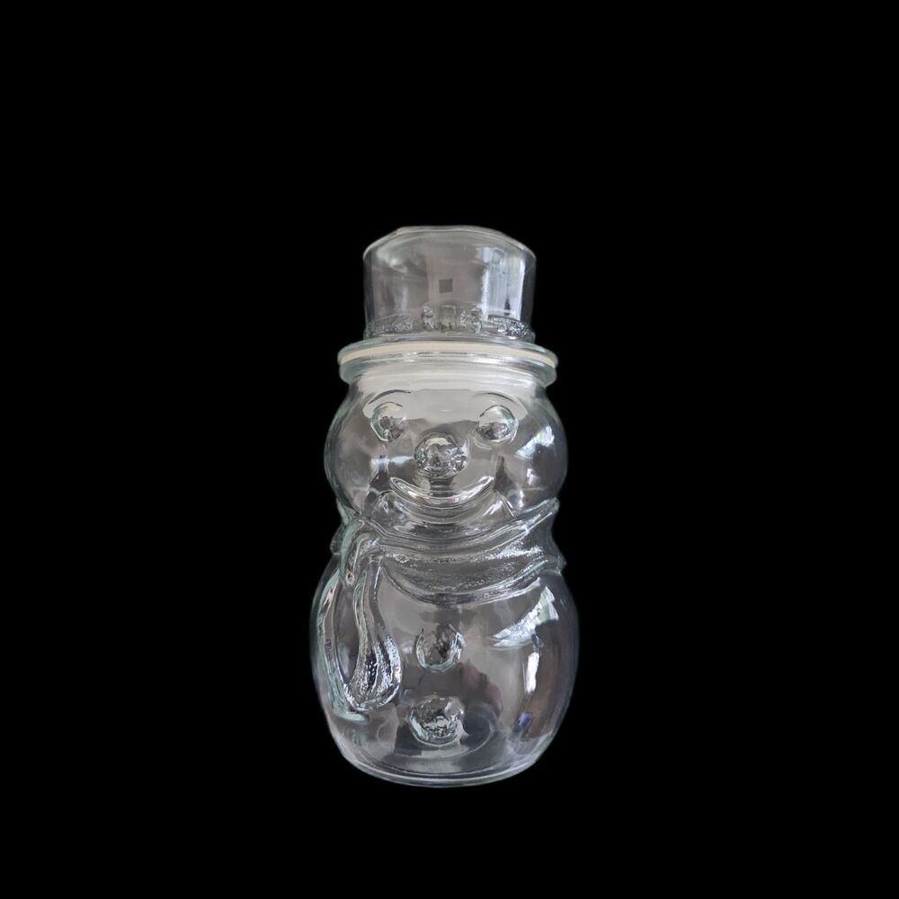 Vintage Clear Glass Snowman Jar Container with Hat Lid - Holiday Canister